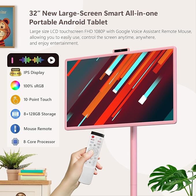 OFD 32" Portable TV on Wheels FHD,Android15 OS,Touchscreen TV with 8+128GB Storage,Rolling TV Built-in Battery 6-8H Play Time,Portable TV Tablet with Remote & Vioce|8MP Webcam|Speaker,Fully Rotatable