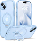 CAPRARO for iPhone 15 Case with 360° Spin Magnetic Stand for Women, [Compatible with MagSafe] [Full Camera Protection] Cute Wave Translucent Matte Case for iPhone 15, Sky Blue