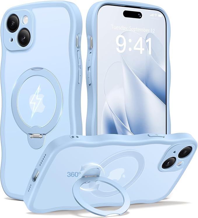 CAPRARO for iPhone 15 Case with 360° Spin Magnetic Stand for Women, [Compatible with MagSafe] [Full Camera Protection] Cute Wave Translucent Matte Case for iPhone 15, Sky Blue