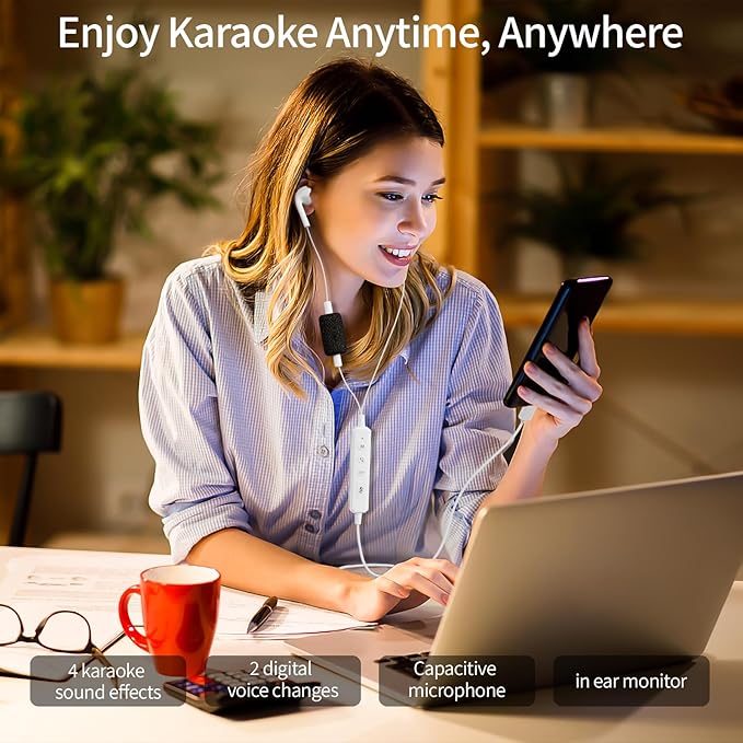 Sound Card Karaoke Headset with in-Ear Monitoring, Voice Changer, Reverberation, Built-in Sound Card, Karaoke Microphone, Portable Karaoke Headphones, Type C HiFi Wired Earbuds for Musician