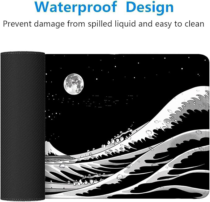 Japanese Sea Wave Anime Desk Mat Black and White Kanagawa XL Mouse Pad Large Mousepad Extended Laptop Keyboard Mat Gaming Desk Pad Mouse Mat 31.5"x11.8" Office Computer Keyboard Laptop Home