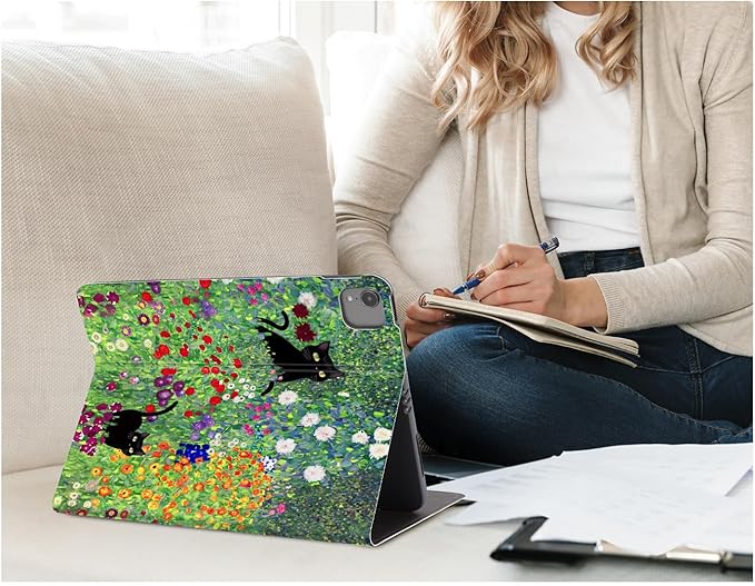Case for iPad Air 11-Inch (M4/M3/M2), iPad Air 5th/iPad Air 4th Generation 10.9 Inch, iPad Pro 11 Inch Case 4th/3rd/2nd/1st Gen Multi-Angle View Adjustable Stand Auto Wake Sleep, Flower Garden Cat
