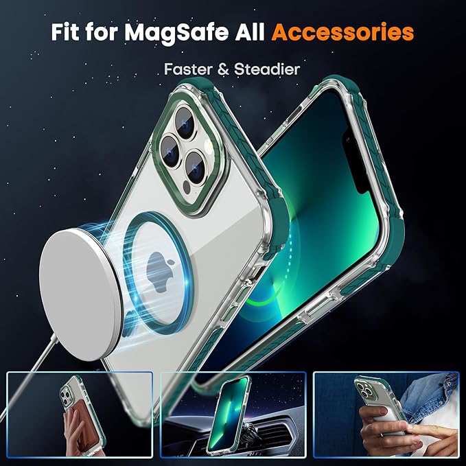 DEERLAMN Strong Magnetic Case for iPhone 13 Pro 6.1-Inch,[Compatible with Magsafe][Military-Grade Protection] Clear Slim Shockproof Protective Phone Cover for Women Men-Transparent+Green