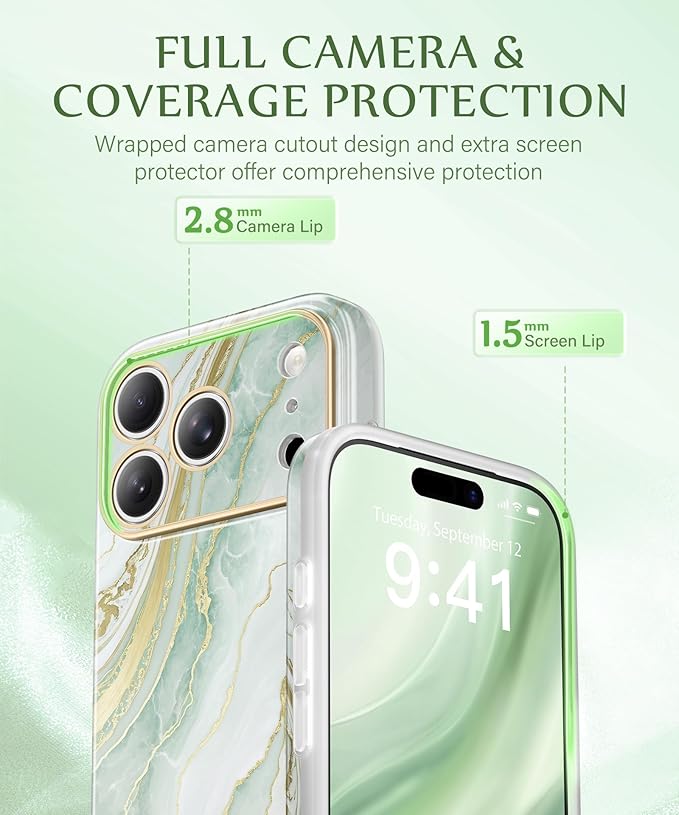 GVIEWIN for iPhone 17 Pro Case Compatible with MagSafe, [Full Camera Protection][Military-Grade Protection] Shockproof Protective Slim Magnetic Marble Phone Case for 17 Pro 6.3", Emerald/Green
