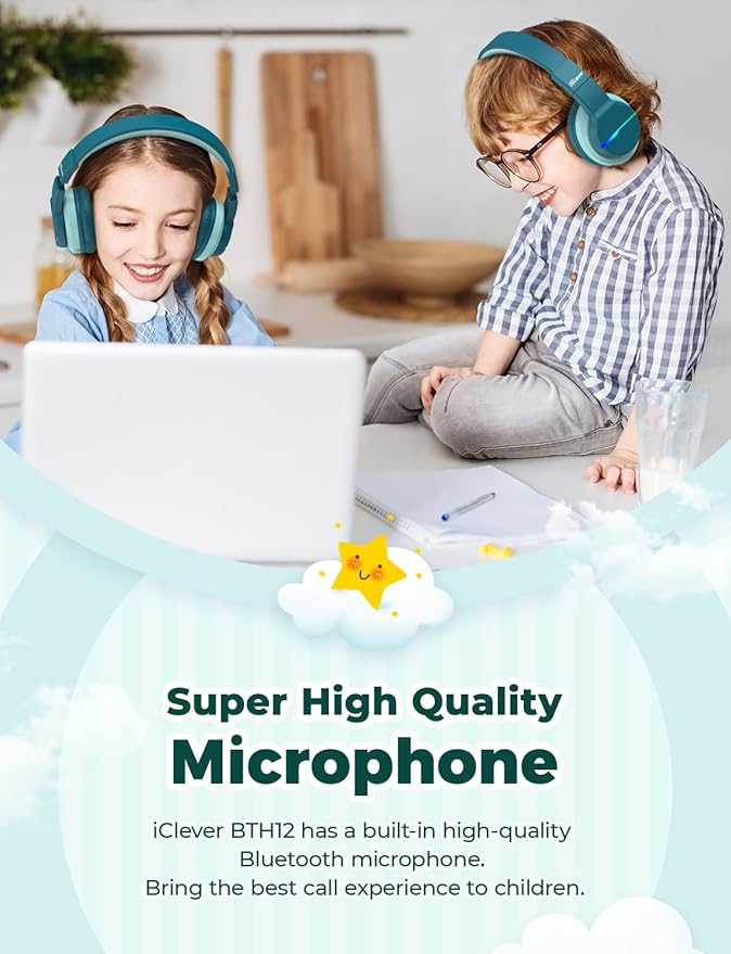iClever BTH12 Kids Bluetooth Headphones,Colorful LED Lights Wireless Kids Headphones,74/85dBA Safe Volume,85H Playtime,Bluetooth 5.2,Over Ear Headphones Built-in Mic for iPad/Tablet/Airplane,Green