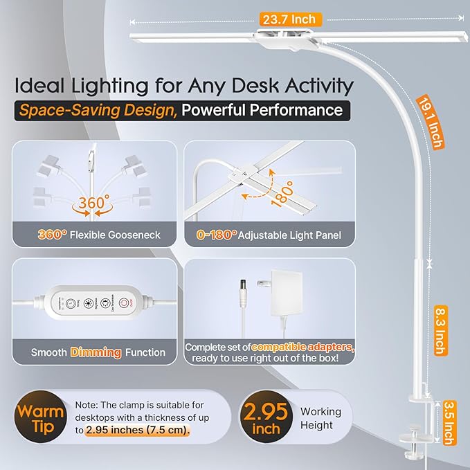 Syrinx LED Desk Lamp, Dual Head Desk Light with Clamp, 50 Lighting Modes Eye-Caring Table Lamp, Flexible Gooseneck Task Light with Motion Sensor, Wired Control, Timer & Memory Function for Home Office