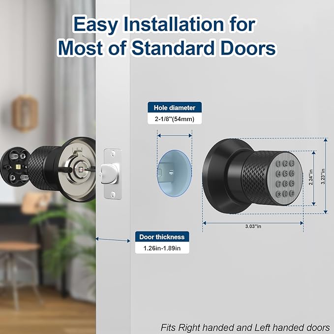 FITNATE Door Knob with Keypad,Digital Door Lock for Keyless Entry,Electronic Door Lock with Spare Keys,Auto Lock, Anti-Slip Handle, Easy to Install for Bedroom,Home and Office