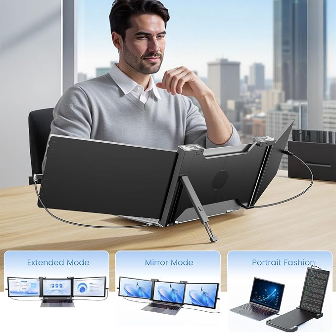 14'' Triple Laptop Screen Extender, 1080P FHD Portable Monitor for 14"-17" Laptop with USB-C/HDMI Port, Plug-Play Monitor Extender for Triple Display for Mac/Windows Remote Work & Multitasking