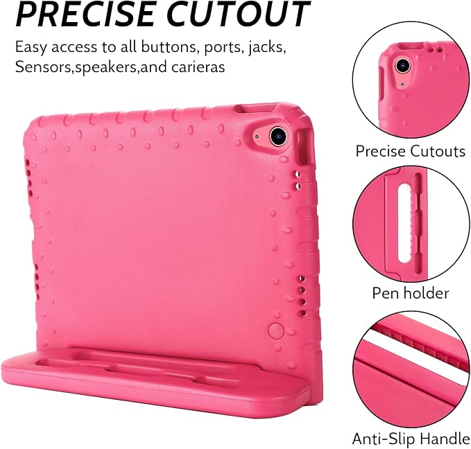 Dteck Kids Case for iPad 10th Generation 10.9" 2022 With Pencil Holder, Shockproof Rugged Lightweight EVA Handle Stand Child Proof for 10.9 Inch iPad 10th Gen, Rose