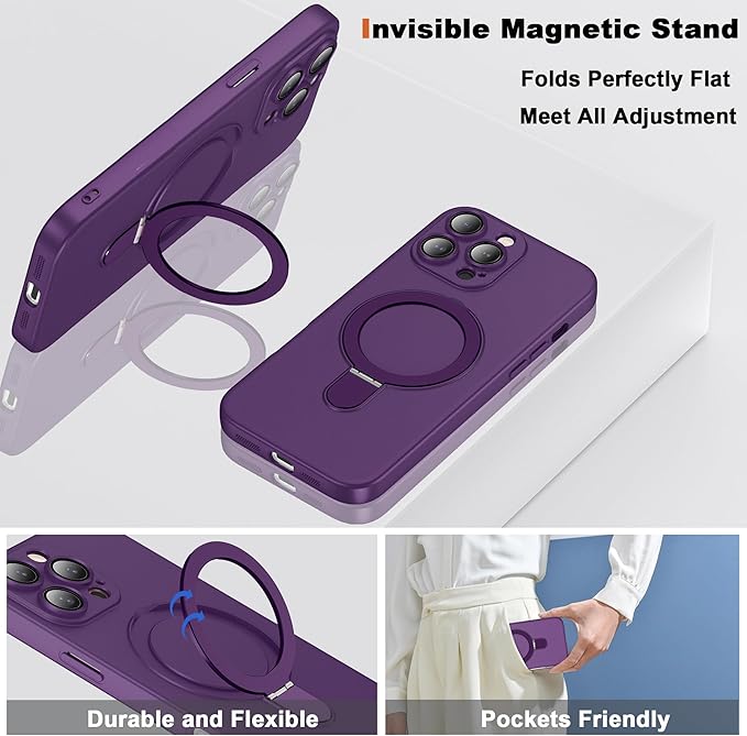 Compatible with iPhone 14 Pro Max Case with Magnetic Ring Stand [Compatible with Mag-Safe] [Full Camera Lens Protector] Soft Plating Phone Case for iPhone 14 Pro Max 6.7", Solid Purple