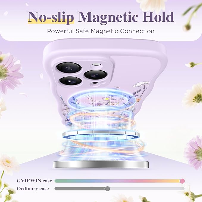 GVIEWIN for iPhone 16 Pro Max Case Compatible with MagSafe [Curly Wave Edge][Full Camera Protection] Floral Translucent Shockproof Magnetic Women Phone Case for 16 Pro Max, Floratopia/Purple