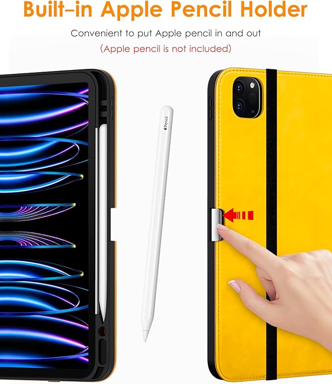 DTTO for iPad Pro 12.9 6th / 5th / 4th / 3rd Generation Case 2022/2021/2020/2018, Leather Folio Stand Cover with Built-in Apple Pencil Holder -Auto Wake/Sleep and Multi Viewing Angles,Yellow