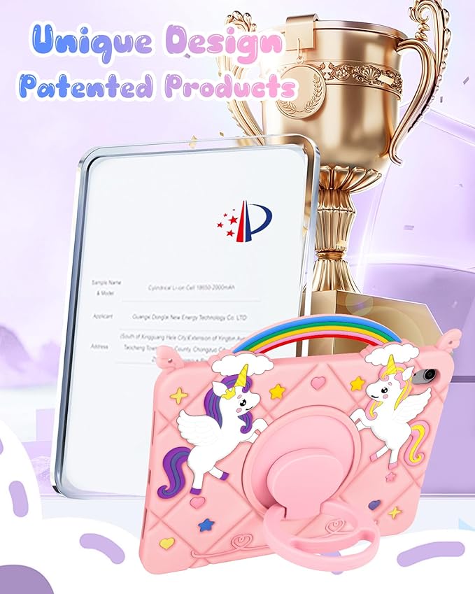 Uppuppy for iPad A16 Case/10th Generation Case - Girls Teens Cute Cartoon 10.9 Inch 2022 Tablet Cover with Rotating Stand Handle & Strap Soft Silicone 3D PK Unicorn Funda for iPad 11th 11 Inch 2025