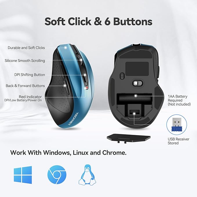 TECKNET Wireless Mouse, 2.4G Ergonomic Optical Mouse, Computer Mouse for Laptop, PC, Computer, Chromebook, Notebook, 6 Buttons, 24 Months Battery Life, 2600 DPI, 5 Adjustment Levels - Azure
