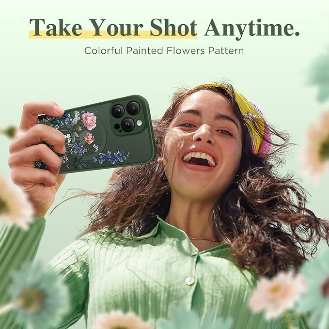 GVIEWIN for iPhone 15 Pro Max Case Compatible with MagSafe, [Military Grade Protection] [Screen Protector] Full Camera Protection Floral Translucent Women Magnetic Phone Case, Lush Garden/Forest Green