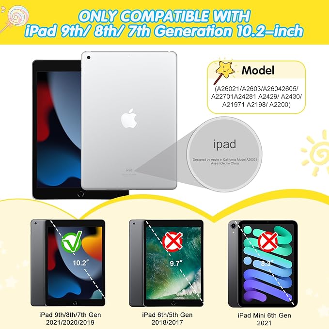 SIBEITU Kids Case for iPad 9th Generation/ 8th Gen/ 7th Gen with Pencil Holder & Stand, Fully-Body Hybrid Shockproof Rugged Drop Protective Cover for iPad 10.2 inch 2021/2020/2019 (Yellow Blue)