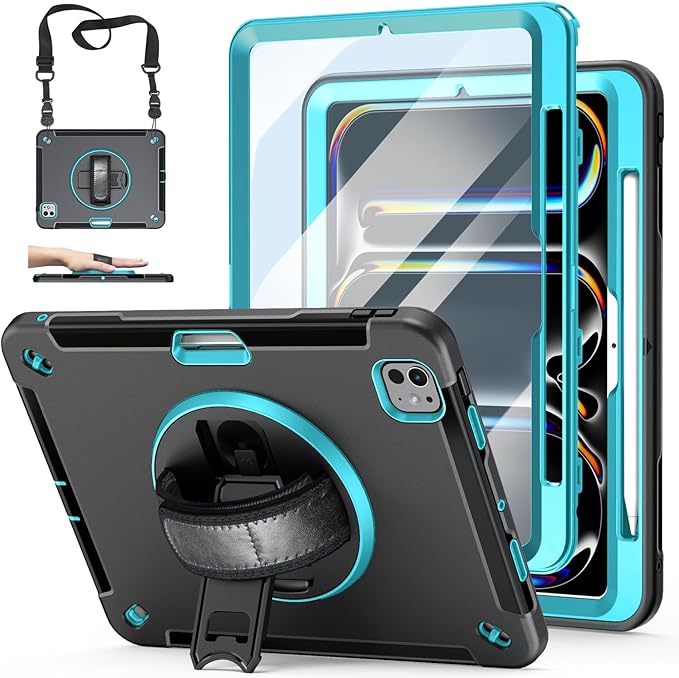 Case for iPad Pro 11 M5 2025/ M4 2024: Protective Cover for iPad Pro 11 Inch 5th Generation with Screen Protector- Stand- Handle- Shoulder Strap- Pencil Holder- Pink