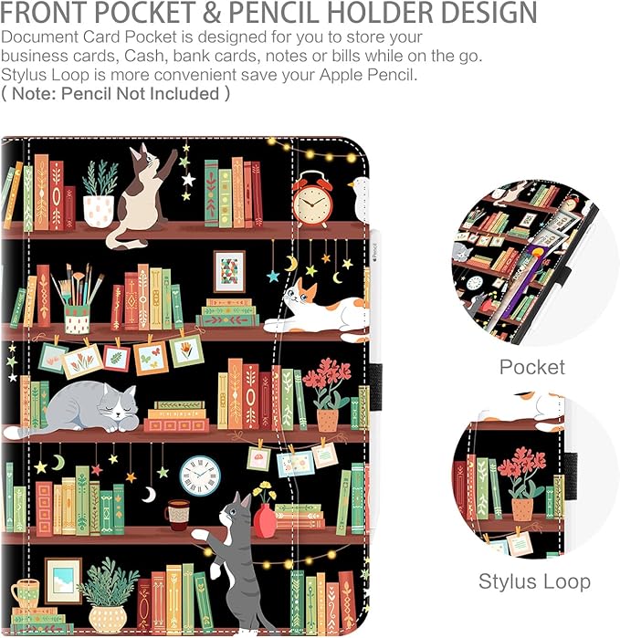 Case for iPad Air 13-inch (M4/M3/M2), iPad Pro 12.9 Case 6th/5th/4th/3rd Generation with Pencil Holder Multi-Angle Adjustable Stand Shockproof with Pocket/Hand Strap/Auto Wake Sleep, Bookshelf Cat