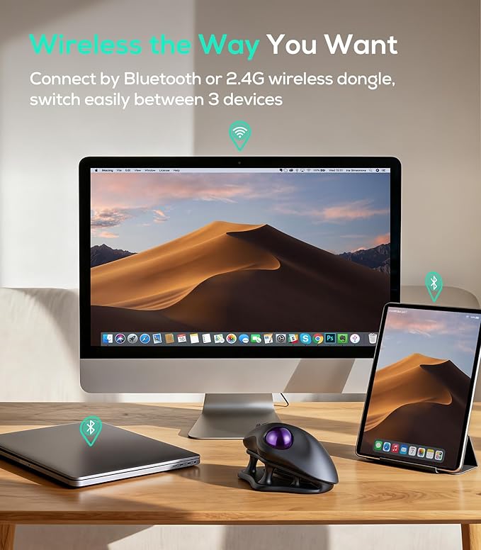 Nulea M511 Wireless Trackball Mouse, Rechargeable Ergonomic Thumb-Control Mouse with Tilt Stand, Smooth & Precision Tracking, 3 Device Connection (Bluetooth or USB Receiver), for PC/Mac/Laptop-Purple