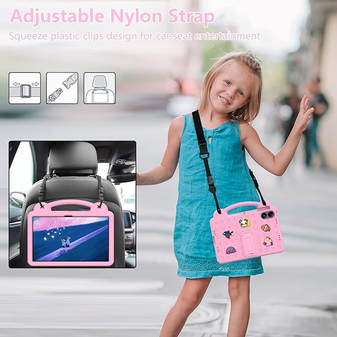 AKABEILA Compatible with Xiaomi Redmi Pad Pro 12.1 2024 Tablet Case, Kids Friendly Universal Lightweight Shockproof Protective Case with Shoulder Strap & Stand Handle & Pen Tray Pink