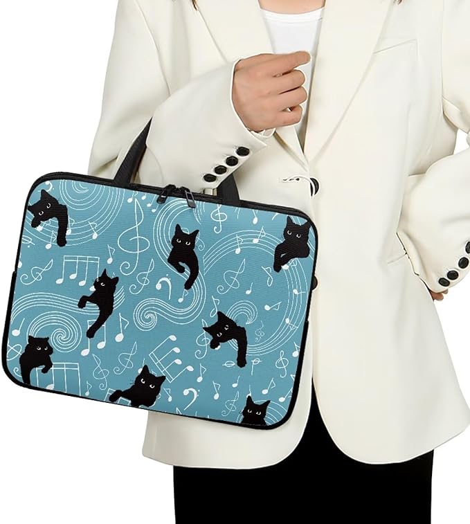 17 Inch Laptop Sleeve, Music Note Black Cats Laptop Cover Computer Bag Tablet Carrying Case with Handle, Durable Tote Bags Notebook Case Handbag Briefcase Shoulder Bag for Business/School