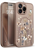 GVIEWIN for iPhone 15 Pro Case Compatible with MagSafe, [Military Grade Protection] [Screen Protector] Full Camera Protection Floral Translucent Women Magnetic Phone Case, Autumnflit/Brown