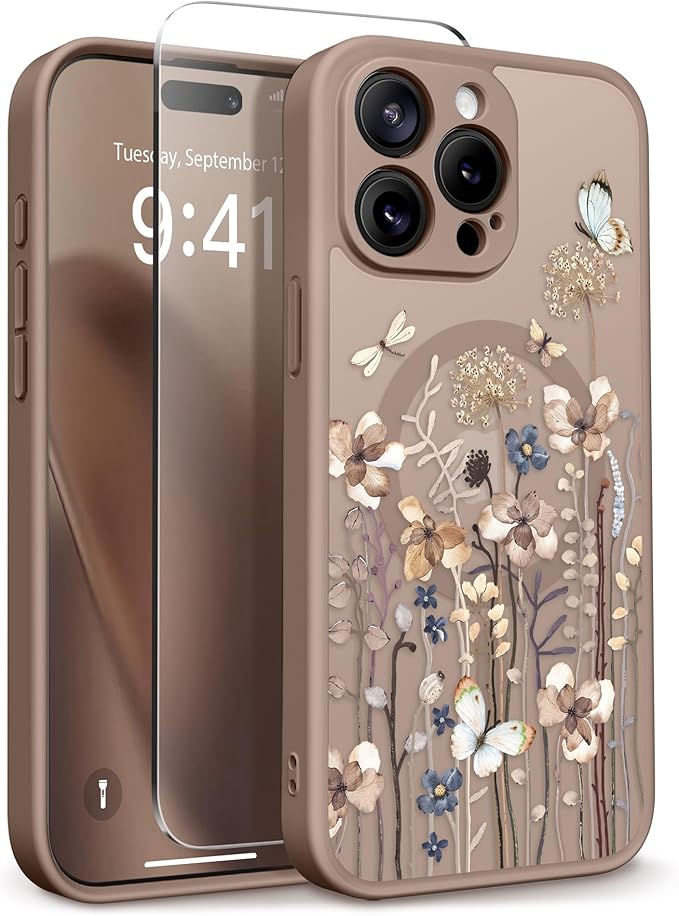 GVIEWIN for iPhone 15 Pro Case Compatible with MagSafe, [Military Grade Protection] [Screen Protector] Full Camera Protection Floral Translucent Women Magnetic Phone Case, Autumnflit/Brown