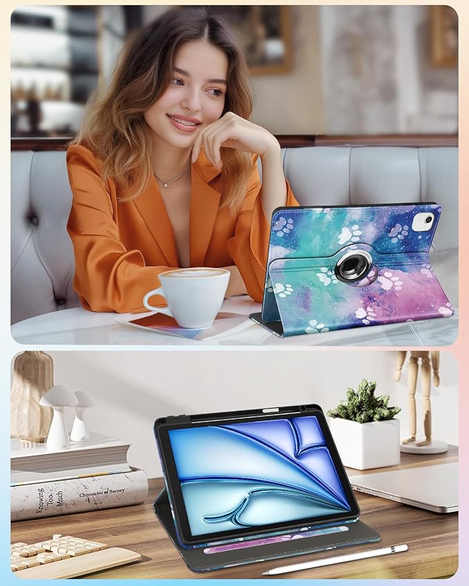 Kidcube for iPad Air 11 Inch Case M3/M2, Air 5th/4th Generation Cases 10.9'', Pro 11'' 2020 - Women Girls Aesthetic Cute Rotating Stand Folio Cover with Pencil Holder & Card Slot Kawaii Dogs Design