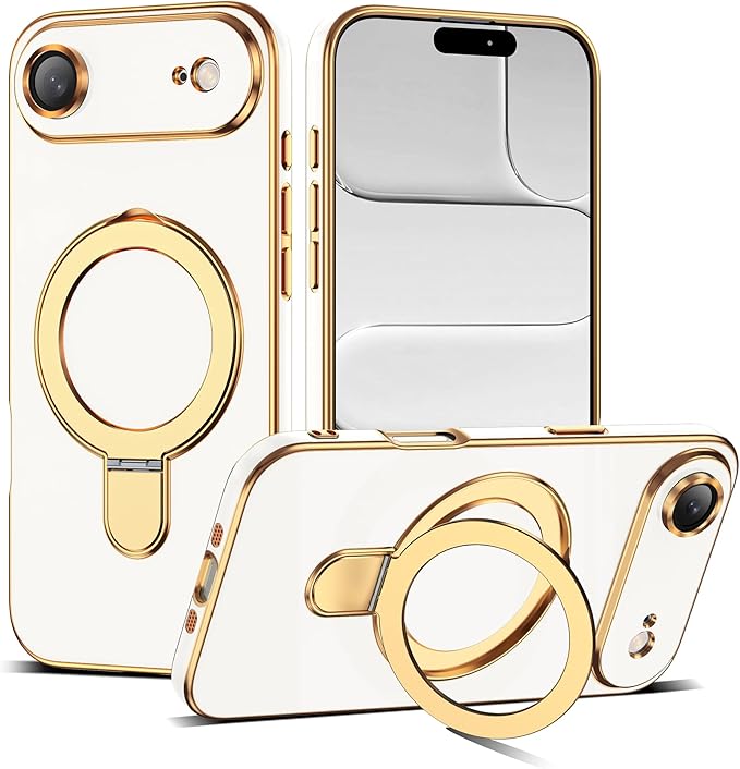 Compatible with iPhone 17 Air Case with Magnetic Ring Stand [Compatible with Mag-Safe] [Full Camera Lens Protector] Soft Plating Phone Case for iPhone 17 Air 6.5", White