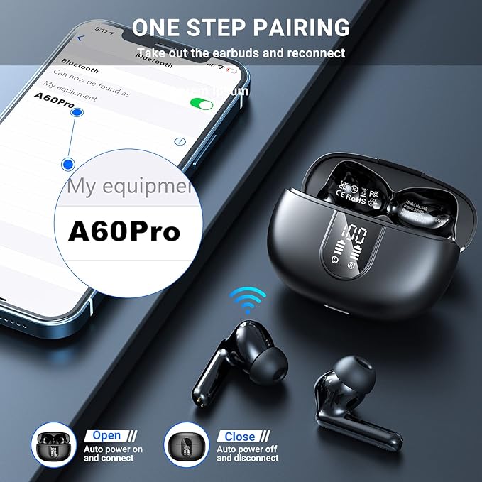 Wireless Earbuds, 2024 Wireless Headphones HiFi Stereo Earphones with 4 ENC Noise Canceling Mic, 42Hs Playtime In Ear Earbud, Bluetooth 5.3 Sport Earphones with LED Power Display for Android iOS Black