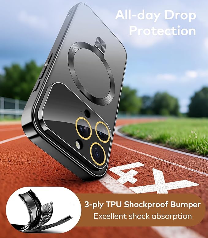 TOBOVON Magnetic for iPhone 16 Pro Max Case with Ring Stand, Fits MagSafe, with Built-in Camera Lens Protector, Slim Electroplated Shockproof Phone Cover, Black