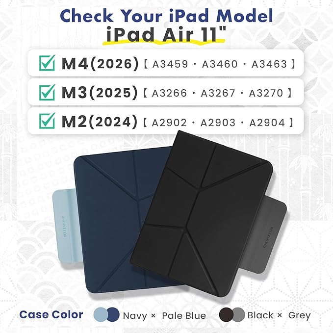 BELLEMOND iPad Air 11" Case M4 2026 / M3 2025 / M2 2024 | Origami Folio Stand | 6-Mode Foldable, Magnetic Detachable Cover | Mamoru Ori Case | Black & Grey