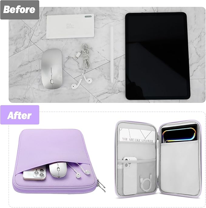 MoKo 9-11 Inch Tablet Sleeve Case, Fits New 11inch iPad Air M4/Pro M5, iPad A16 11", i-Pad 10/9/8/7th/Air 5/4th 10.9"/10.2", Tab S9/S8 11", Protective Bag Carrying Case with Pocket, Lilac