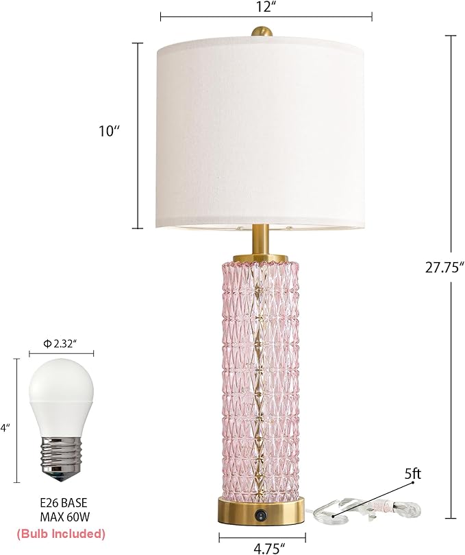 Oneach 27.75" Modern Table Lamps Set of 2, Pink Bedside Lamp with Class Nightlight, USB A+C, Unique Desk Lamps for Living Room, Bedroom, Nightstand, End Table (2 Bulbs Included)