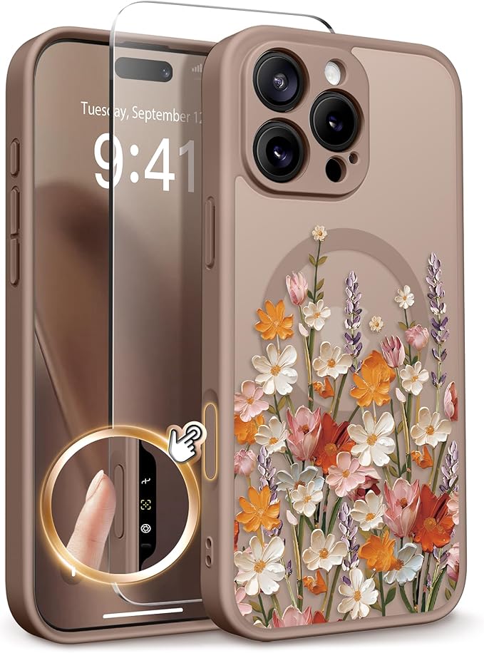 GVIEWIN for iPhone 16 Pro Case Compatible with MagSafe, [Military Grade Protection] [Screen Protector] Full Camera Protection Floral Translucent Women Magnetic Phone Case, Primrose/Brown