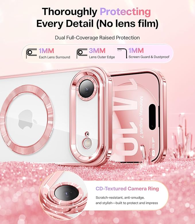 Meifigno Designed for iPhone Air Case 6.5", [Glitter Card & Wrist Strap] [Compatible with MagSafe] [1X HD+1X Privacy Screen Protectors] Lens Protection Slim Case Designed for iPhone 17 Air, Rose Gold