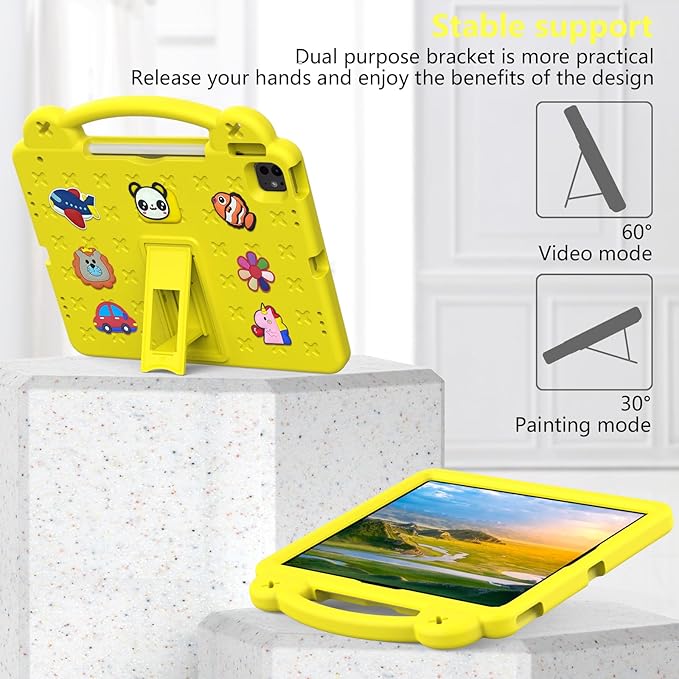 AKABEILA Compatible with Apple iPad 7 2019 10.2/iPad 8 2020 10.2/iPad 9 2021 10.2/iPad Pro 10.5 2017/iPad Air 3 2019 10.5 Tablet Case, Kids Case with Shoulder Strap & Stand Handle & Pen Tray Yellow
