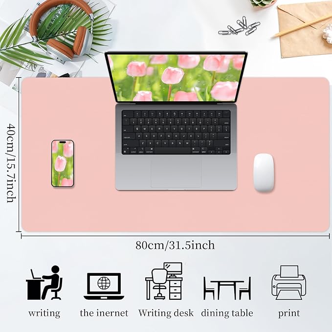 Bloss Pink Leather Desk Mat Protector,Office Desks Mats,Laptop Waterproof Desk Pads,Desks Protector Mats,Cute Computer Mouse Mats,Dual-Side Writing Pads for Office/Home.31.5"x 15.7"