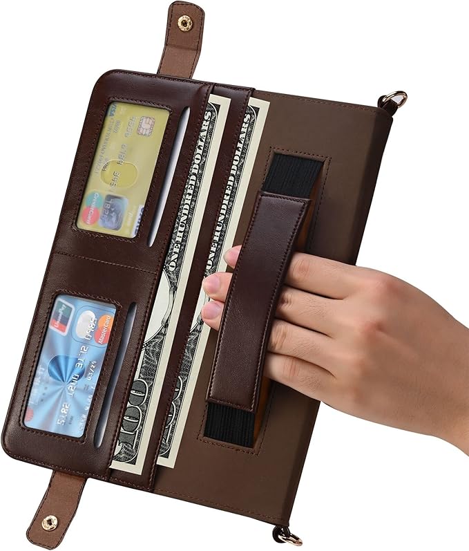 Handbag Case for iPad Air 13" & Pro 12.9" 2018-2022, Techcircle PU Leather Folio Stand iPad Crossbody Wallet Case with Pencil Pocket, Card Slots, Hand Strap+Shoulder Strap, Dark Brown