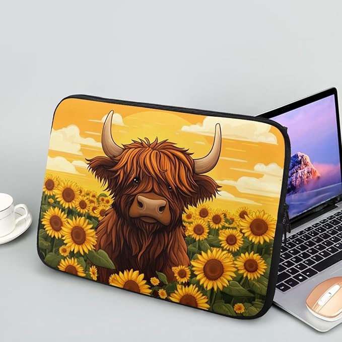 Highland Cow Laptop Protective Sleeve for Women 13inch Computer Sleeve Bag Sunflower Portable Lap Top Case Suitable for Travel School Office Neatly Organizers Brown