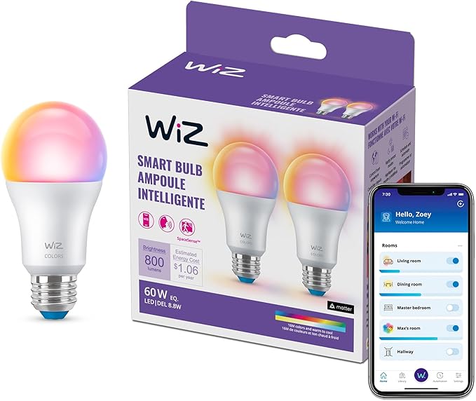 WiZ Connected Smart Light Bulbs, 2-Pack, Color A19 60W 800LM E26 Indoor LED Lights, Smart Bulbs with Motion Detection, Control with Voice or App