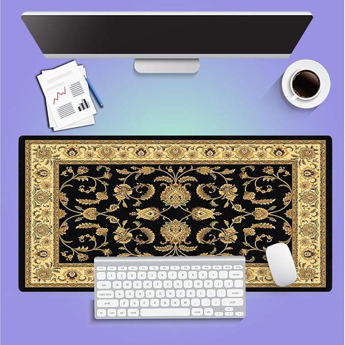 Large Gaming Mouse Pad (31.5" x 15.8") - Elegant Black and Cream Oriental Persian Design Vintage Floral Print Art, Extra XXL Office Accessories, Premium Stitched Anti-Slip Office Desk Mat