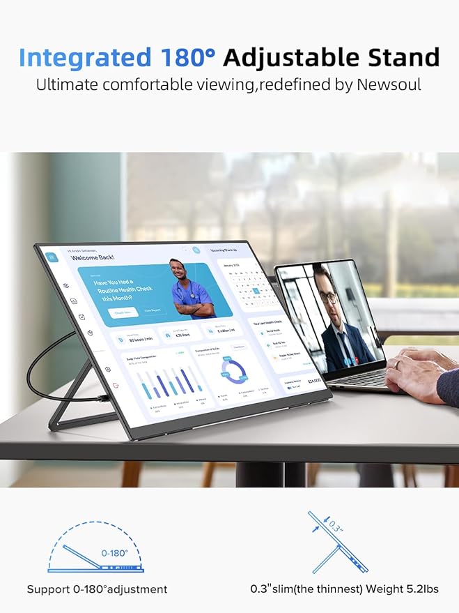 Newsoul 23.8" Portable Monitor 144Hz USB-C HDMI Computer Display for Business Travel/Office/Game, Slim & Light External Screen with Dual Speakers