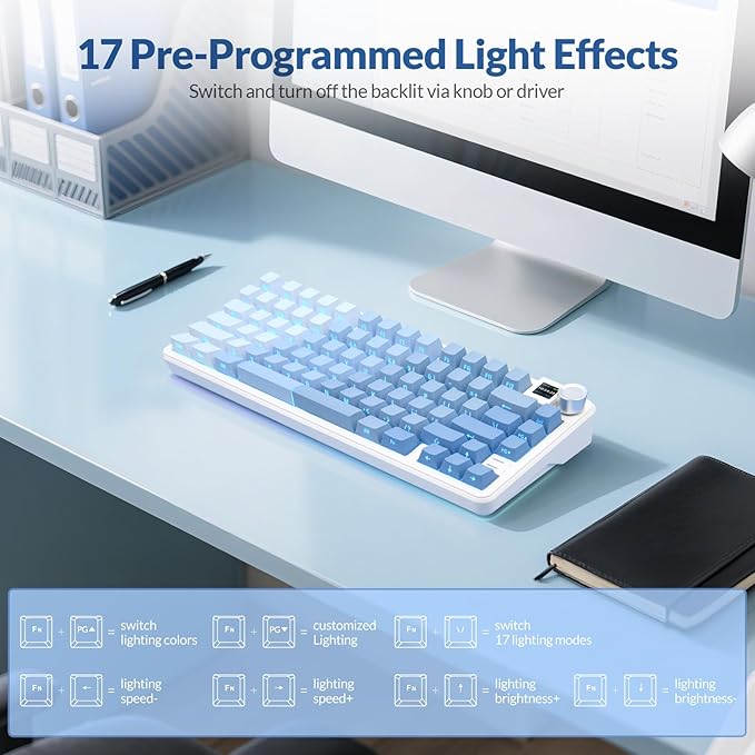 Rii RK805 Wireless Gasket Mechanical Keyboard with TFT Screen and Knob,75% Creamy Gaming Keyboard with RGB Backlight,Tri-Mode BT/2.4G/USB-C,Hot Swappable,for Windows/Mac/Linux(Blue Gradient)