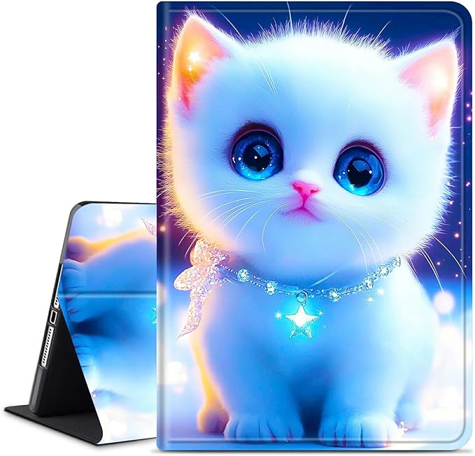 for Amazon Kindle Fire HD 10 & 10 Plus (13th/11th Generation, 2023/2021 Release) 10.1" Tablet Case, Slim Kickstand Stand Leather Smart Cover with Auto Wake/Sleep, White Blue Eyed Cat