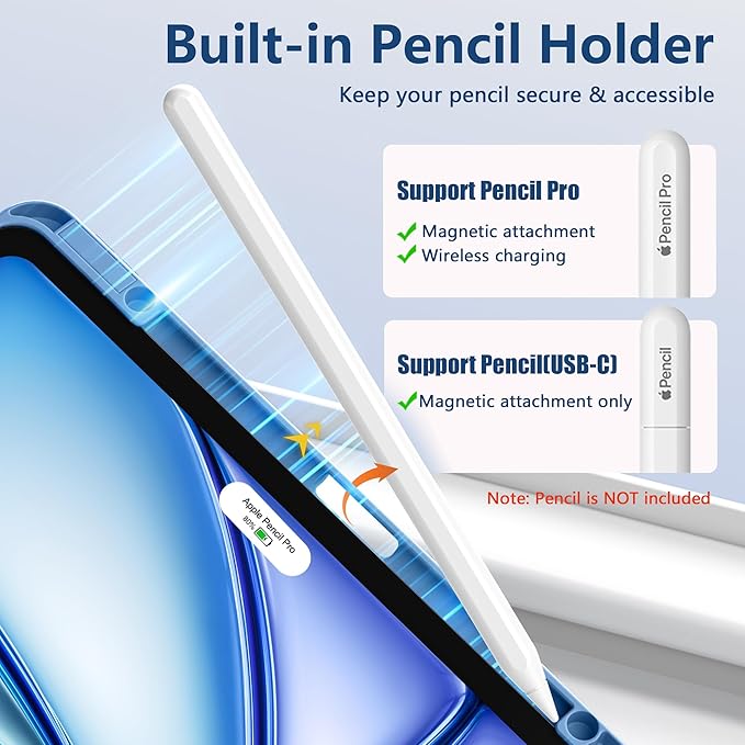 Wenlaty for iPad Air 13 Inch Case M4/M3/M2 (2026/2025/2024) with Pencil Holder, Slim Trifold Stand Protective Cover for iPad Air 13 Case with Clear Transparent Back, Auto Wake/Sleep -Bluemist