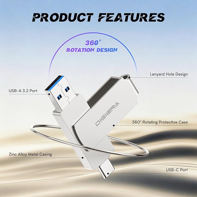 DIGIERA 512GB 2‑in‑1 USB‑A & USB‑C Flash Drive, USB 3.2 Gen 1 Thumb Drive, 500MB/s Read 400MB/s Write, 360° Swivel Compact Aluminum Memory Stick for File Transfer, Backup & Travel Storage