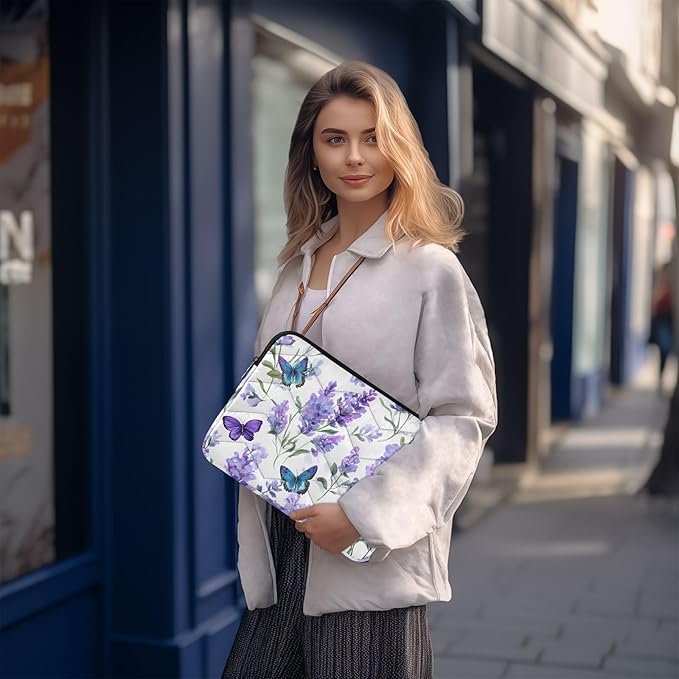 Lavender Laptop Case Sleeve, Butterfly Lavender Pattern Purple Shockproof Protective Computer Carrying Cover, Briefcase Handbags 15-16inch Laptop Sleeve Bag