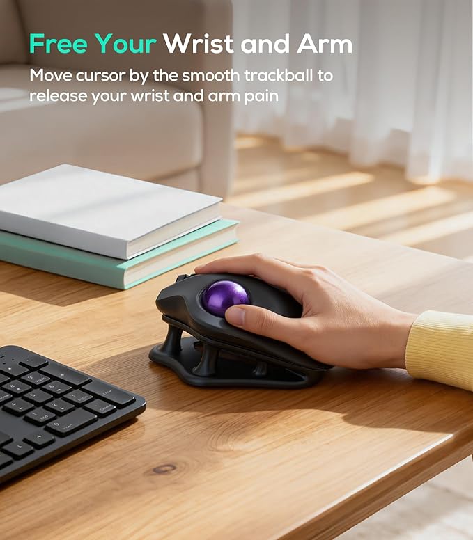 Nulea M511 Wireless Trackball Mouse, Rechargeable Ergonomic Thumb-Control Mouse with Tilt Stand, Smooth & Precision Tracking, 3 Device Connection (Bluetooth or USB Receiver), for PC/Mac/Laptop-Purple