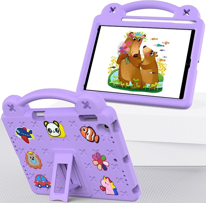 AKABEILA Compatible with Apple iPad Air 1 2013/Air 2 2014/Pro 9.7(2016)/iPad 9.7(2017/2018) Tablet Case, Kids Shockproof Protective Case with Shoulder Strap & Stand Handle & Pen Tray Light Purple